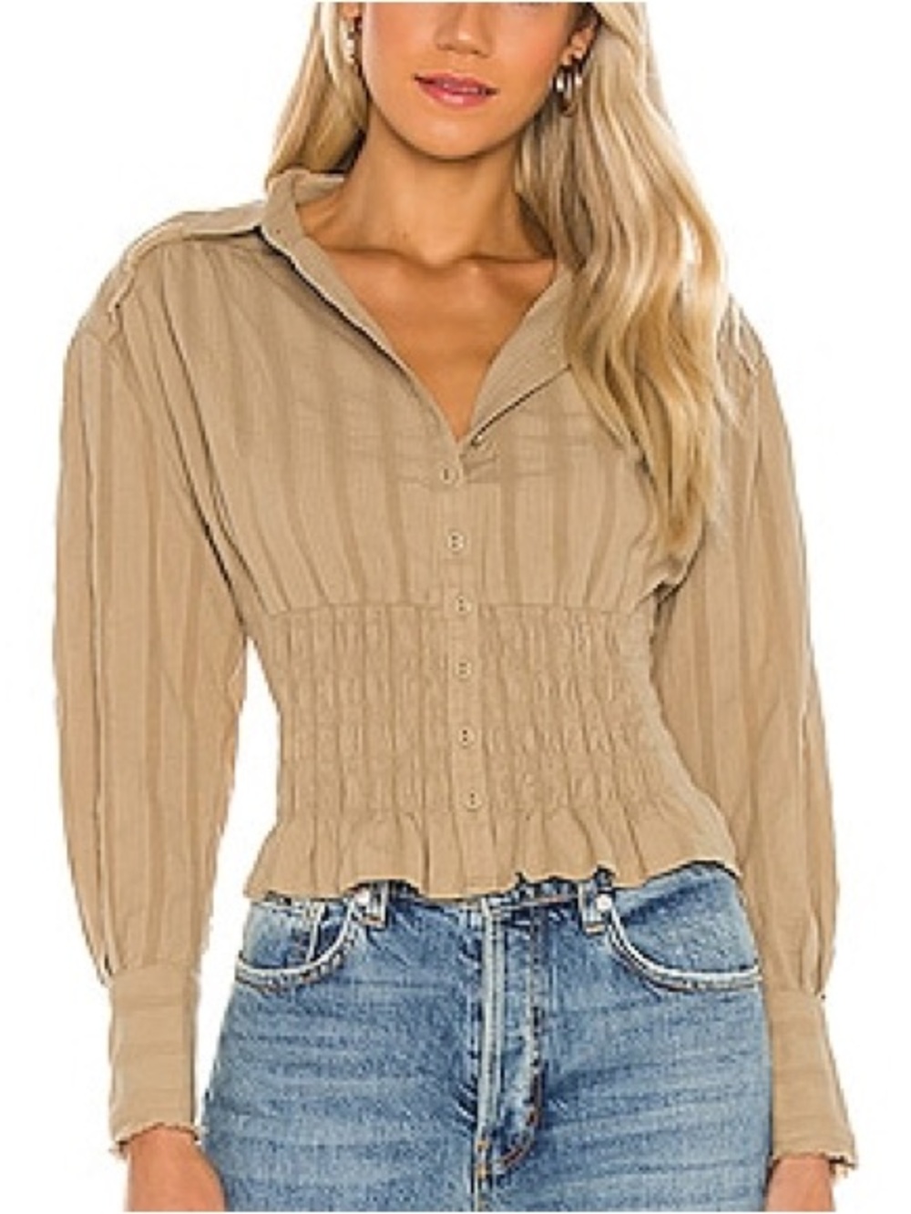 Free People Tammy Button Down Smocked Shirt Khaki Cotton Cottagecore Prarie L